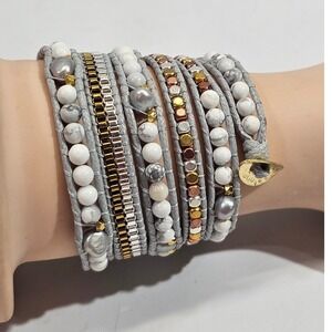 Free Spirit Wrap Bracelet Women Howlite Grey Pearl Mixed Metal Boho Beaded Grey